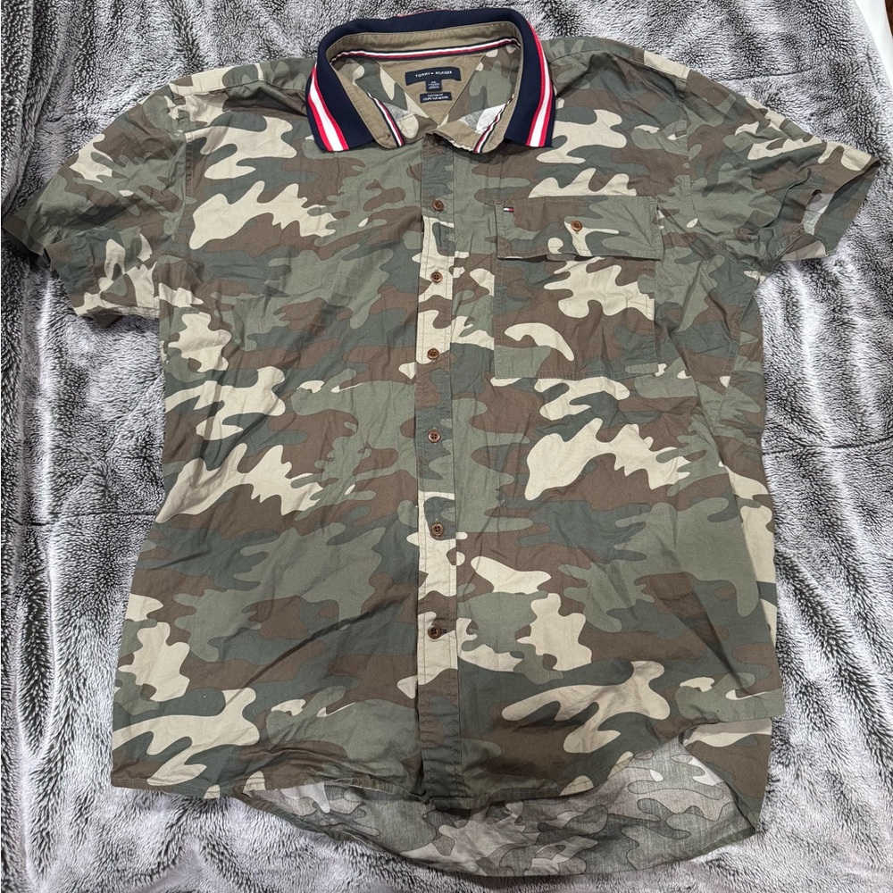 Tommy Hilfiger Green Camouflage Shirt with Black Collar